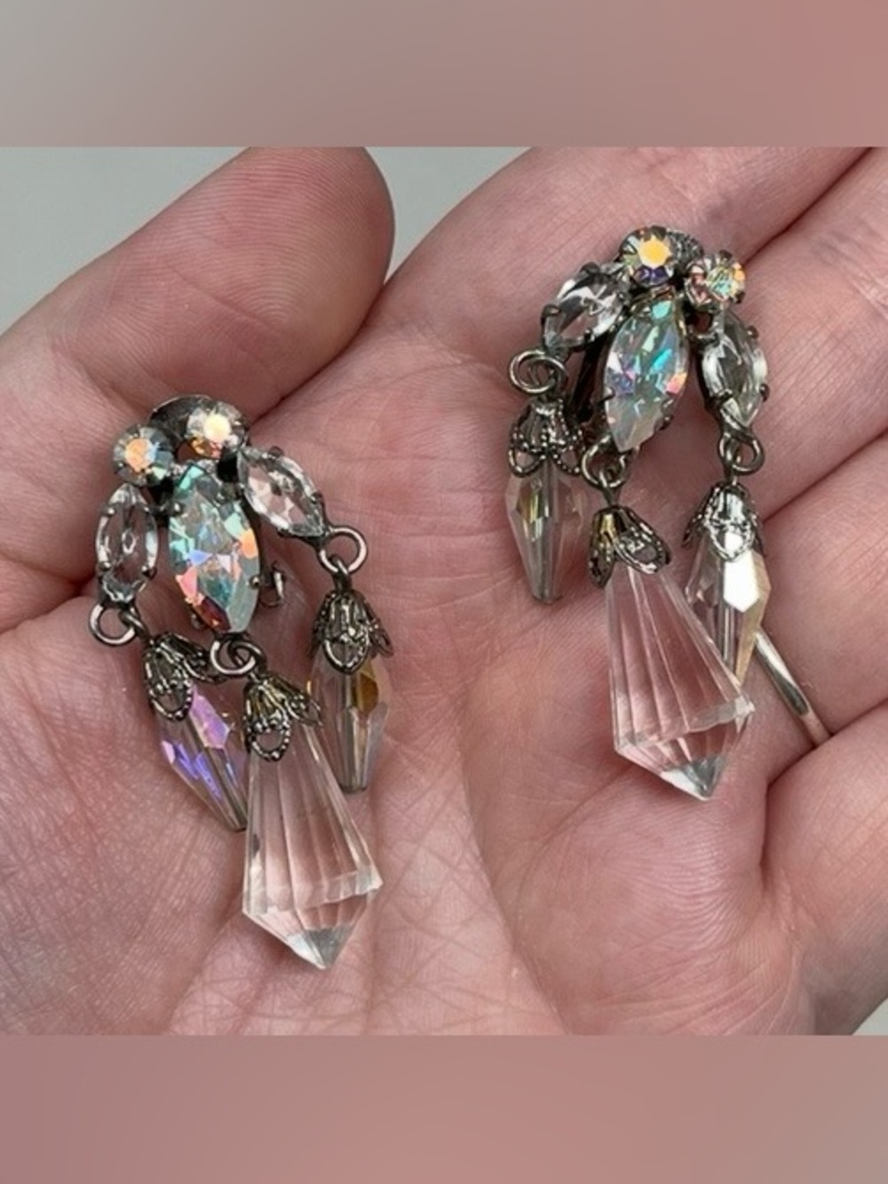 Vintage Aurora Borealis Chandelier Silver Tone Clip-On Earrings Unsigned